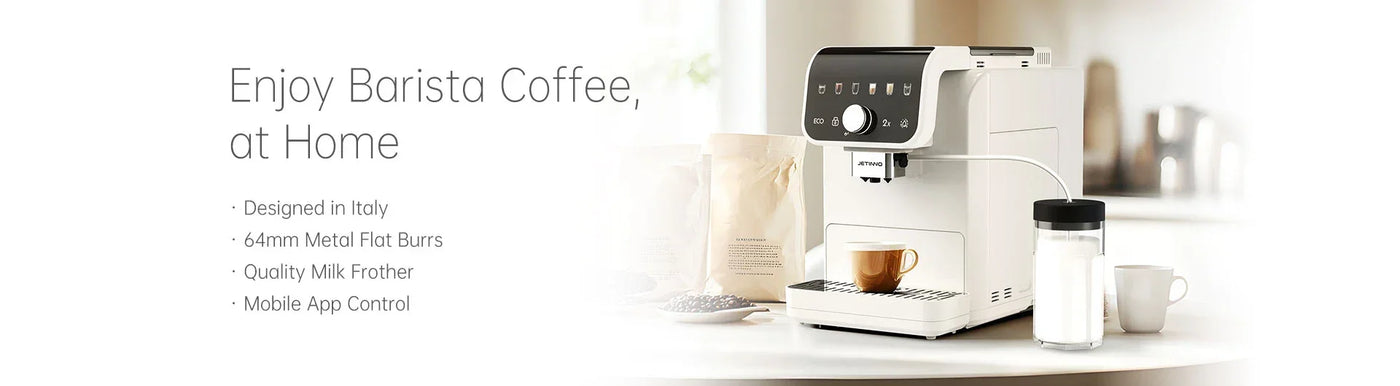 White Jetinno coffee machine with milk frother and coffee cup on kitchen counter