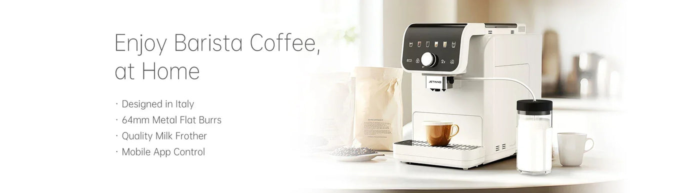Home coffee machine with digital controls, milk frother, coffee cup, and coffee beans in kitchen
