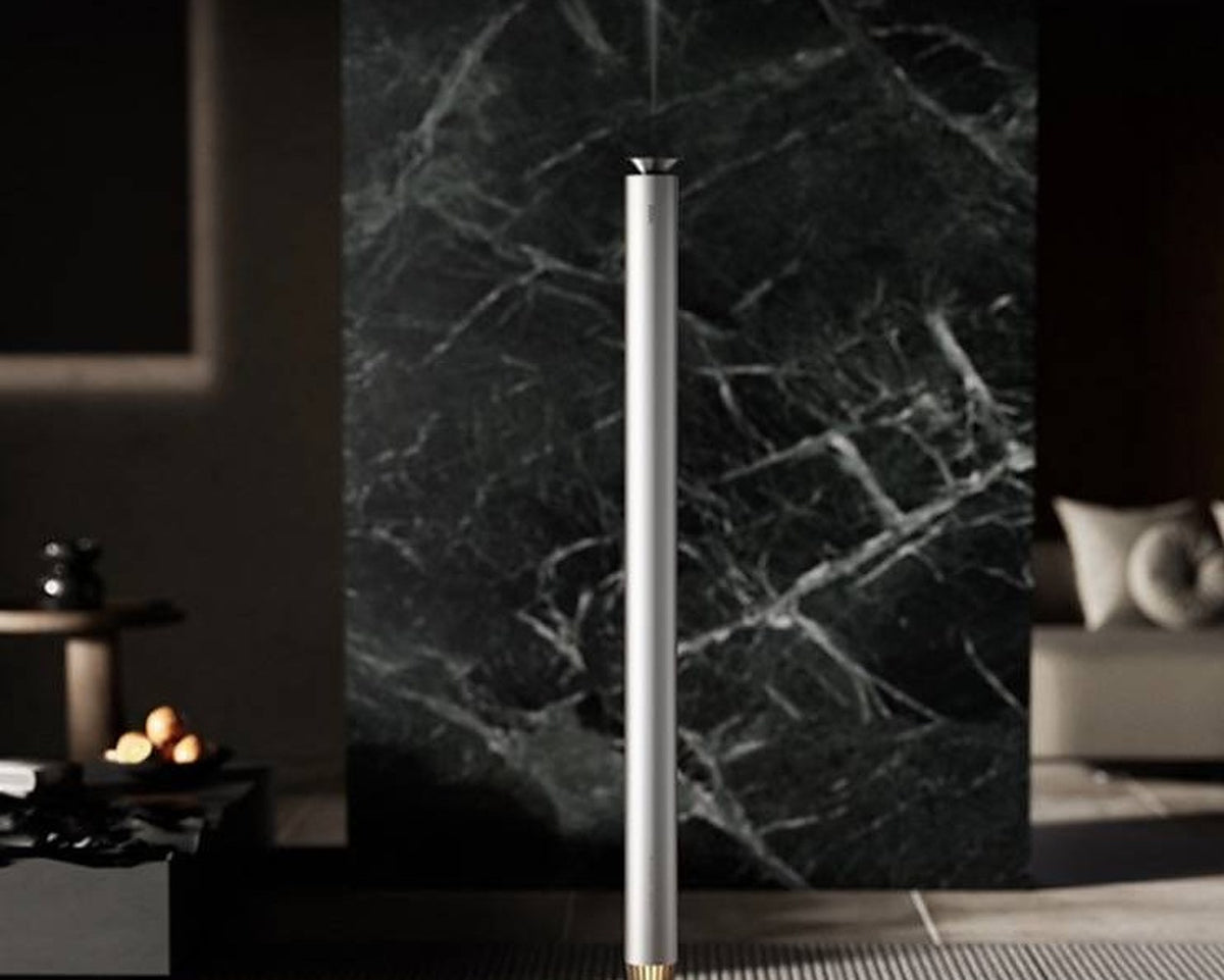 3004 V900L Floor-Standing Aroma Diffuser – Frosted Silver – diffuser misting in front of dark marble panel