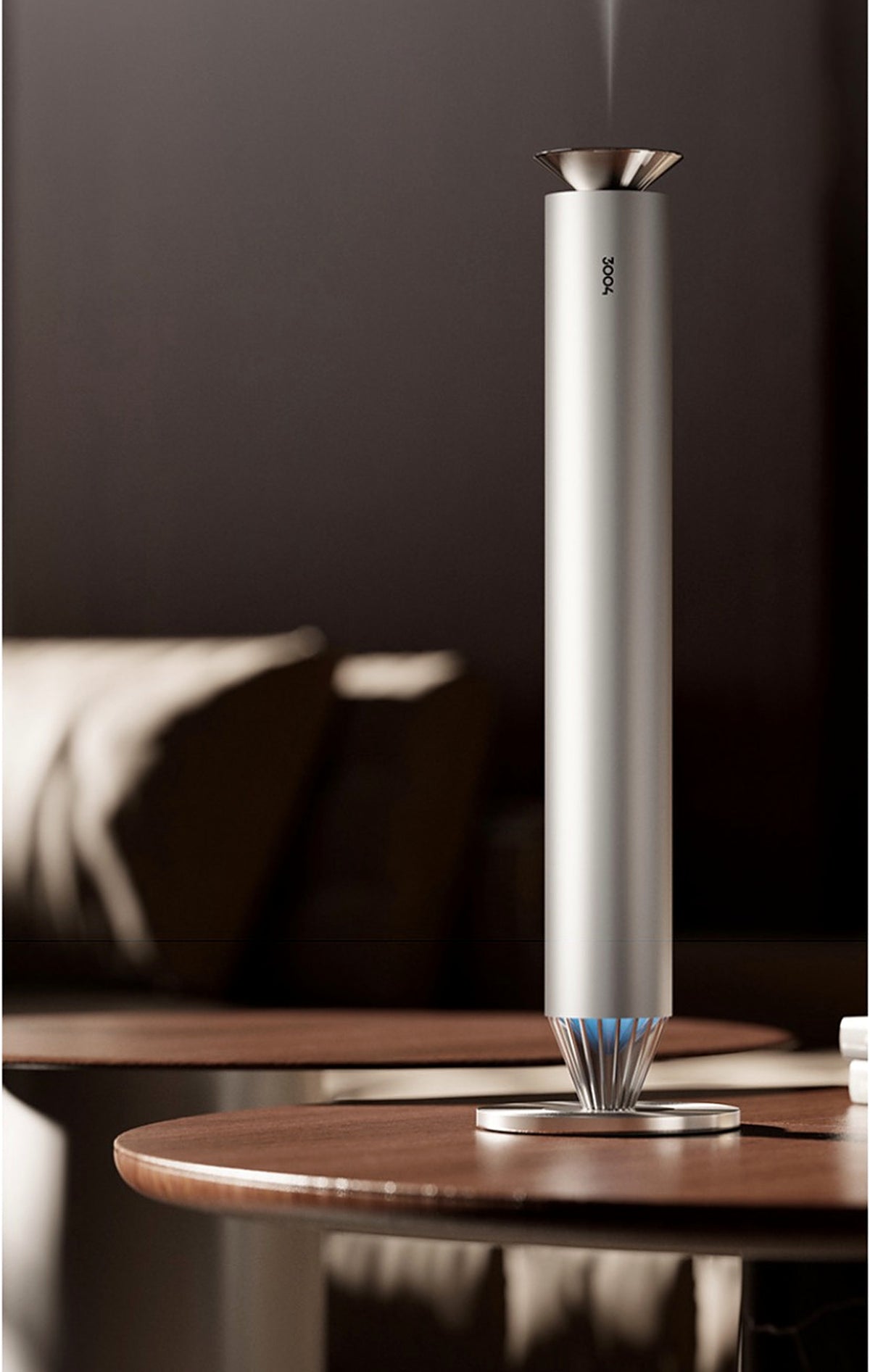 3004 V900S Desktop Aroma Diffuser – Frosted Silver – on a side table