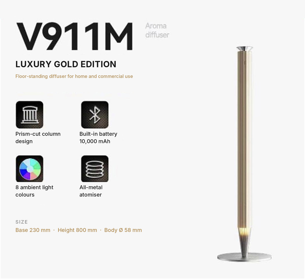 3004 V911M Floor-Standing Aroma Diffuser – Frosted Gold – features and size