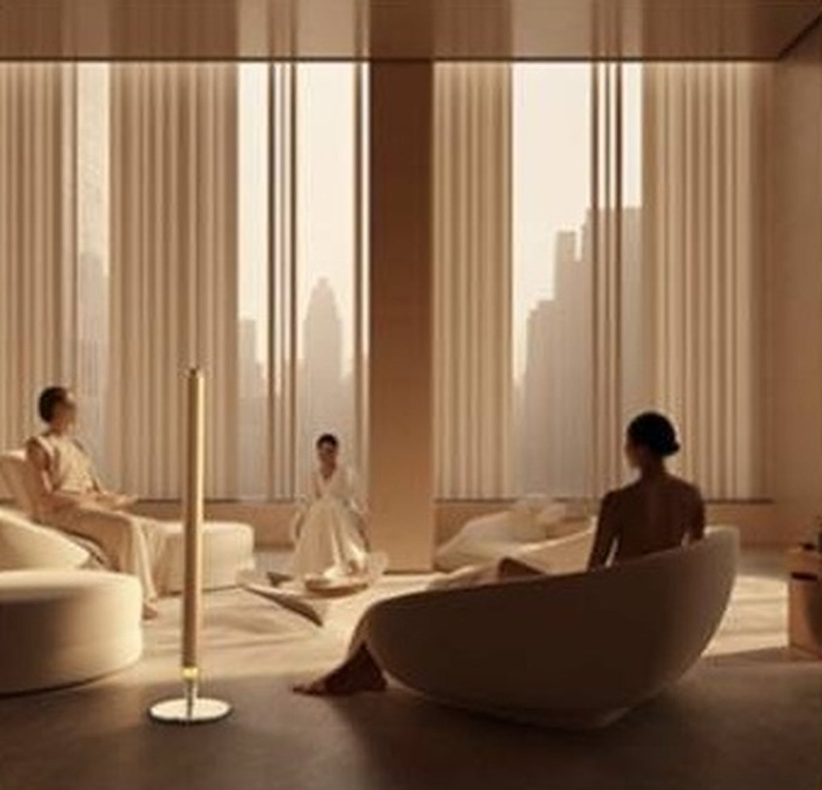 3004 V911M Floor-Standing Aroma Diffuser – Frosted Gold – diffuser in a lounge with seated people (V911 series shown)