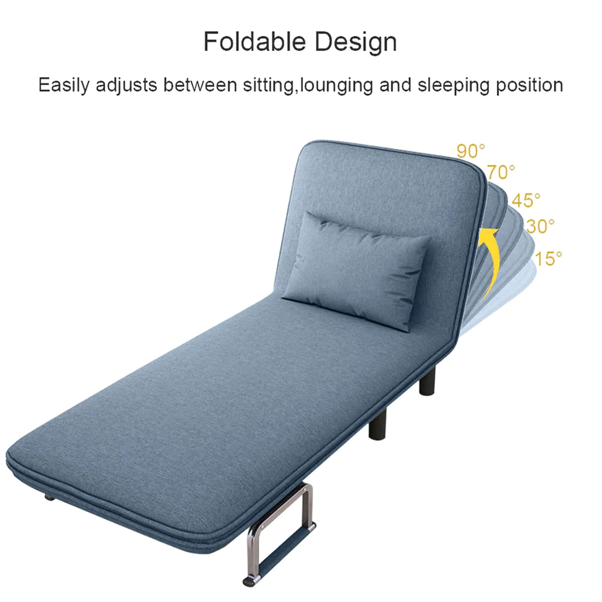 Foldable lounge chair bed with adjustable backrest angles, blue fabric, for home decor UAE.