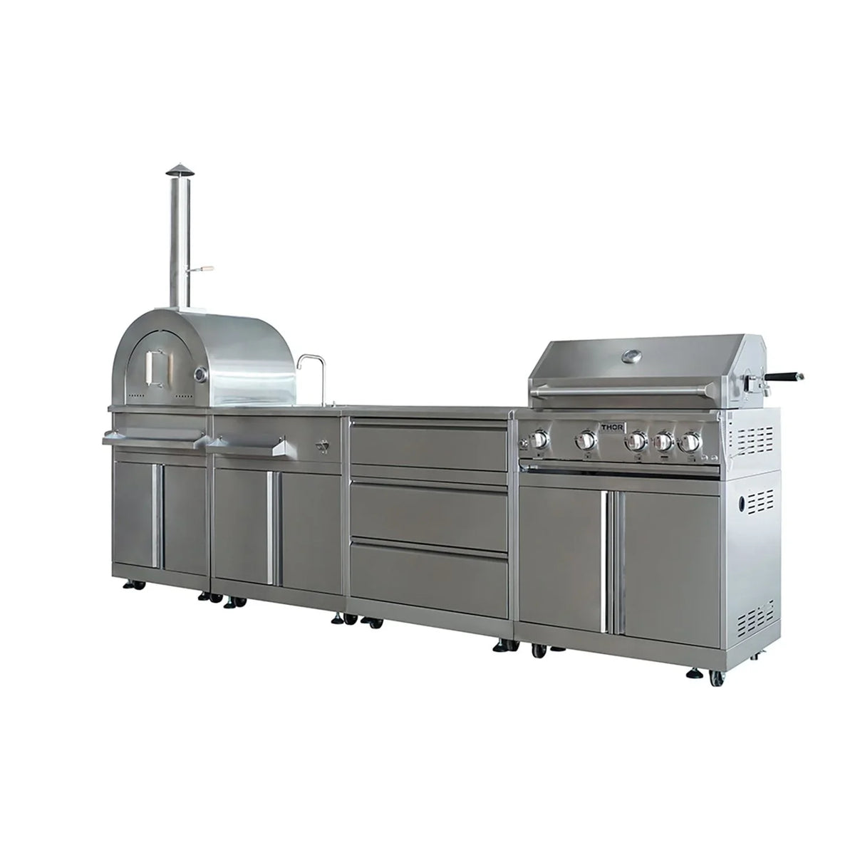 Stainless steel outdoor kitchen with pizza oven, cabinets, and gas grill on wheels