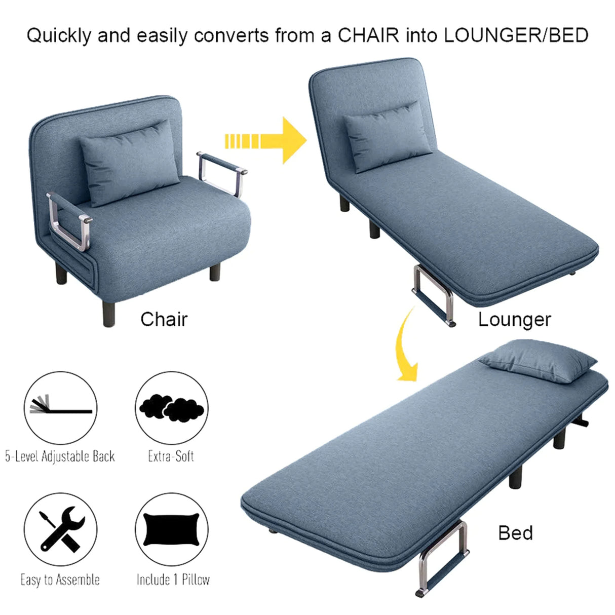 Convertible blue chair transforms into lounger and bed, adjustable back, pillow included, HOCC UAE
