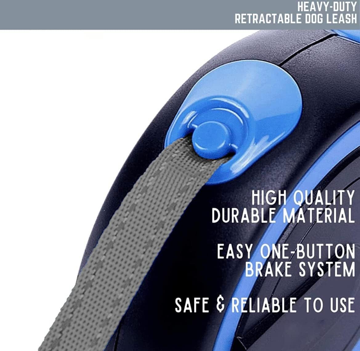 HOCC Retractable Dog Leash 5M with Anti-Slip Handle Dog Retractable Leash for Dogs Up to 35 KGS, One Button Break&Lock 360 Heavy Duty Long Dog Lead for Running Walking (Blue)