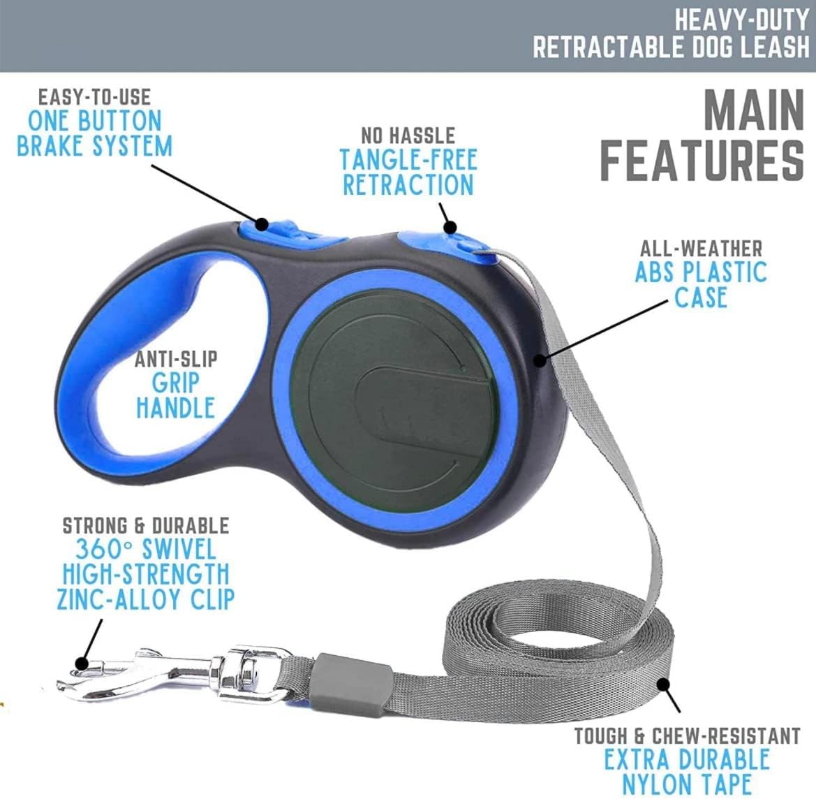HOCC Retractable Dog Leash 5M with Anti-Slip Handle Dog Retractable Leash for Dogs Up to 35 KGS, One Button Break&Lock 360 Heavy Duty Long Dog Lead for Running Walking (Blue)