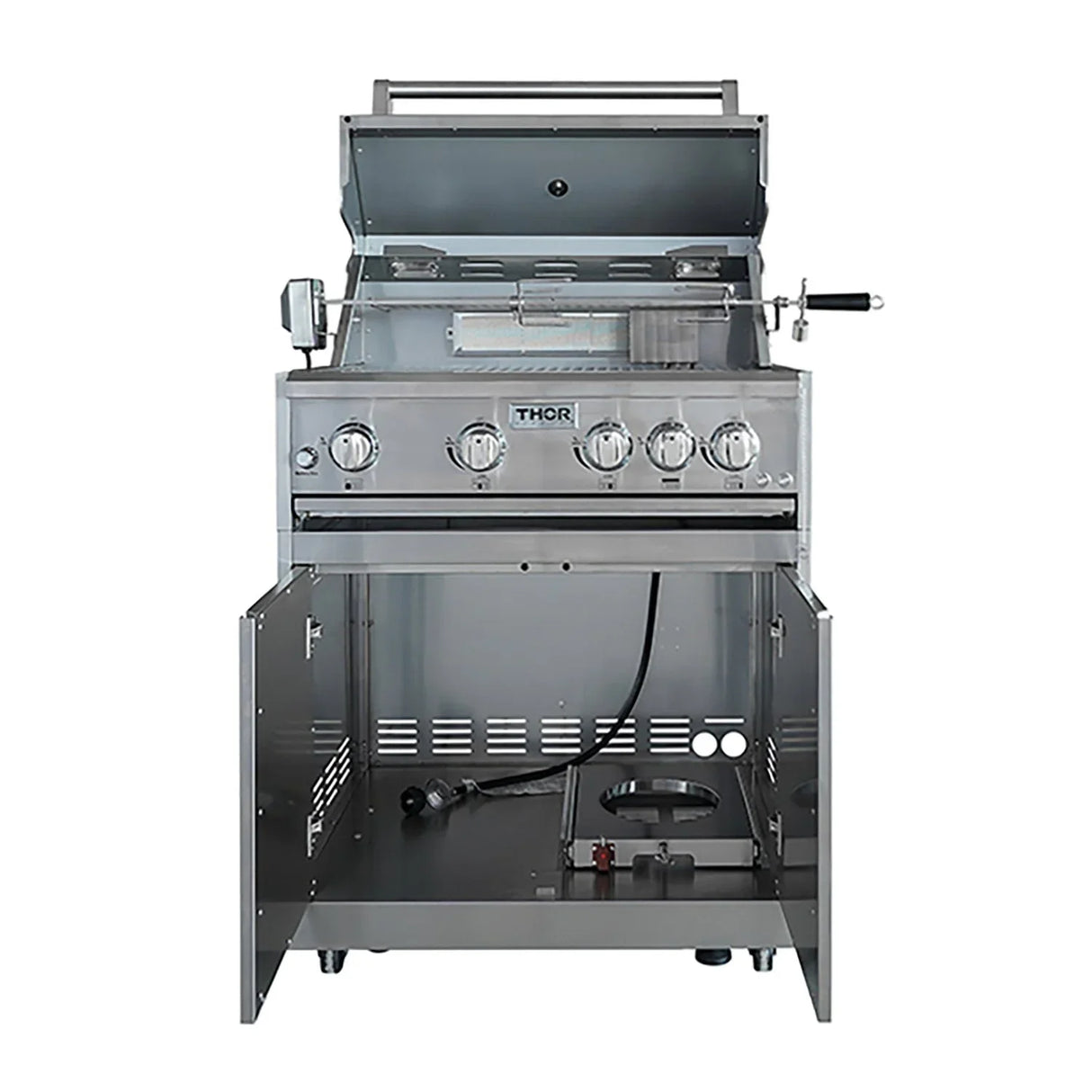 Stainless steel outdoor gas grill with open cabinet and rotisserie attachment