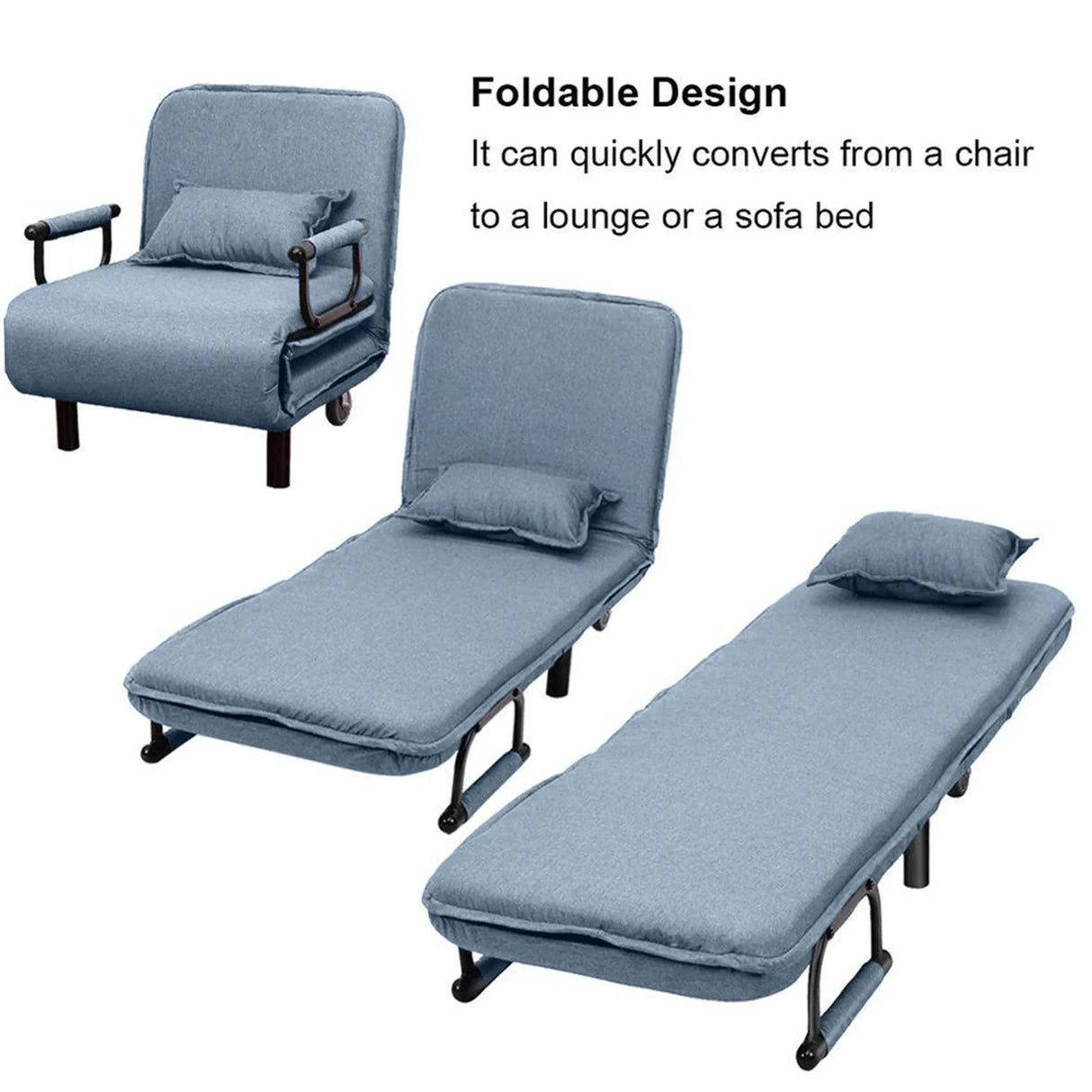 Blue foldable sofa bed chair with pillow, showing chair, lounge, and bed positions, HOCC UAE