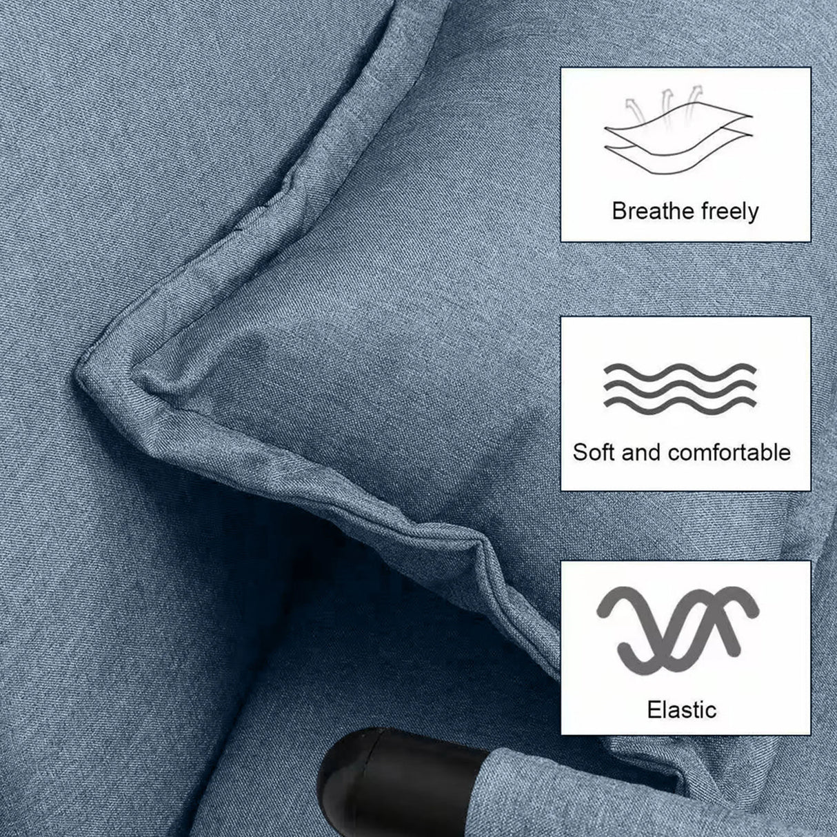 Blue fabric cushion on a sofa, showcasing breathable, soft, and elastic features from HOCC UAE.