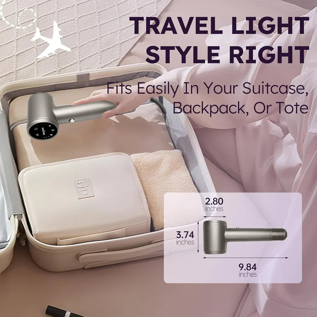 Compact portable hair dryer in suitcase, ideal travel accessory for HOCC shoppers in UAE
