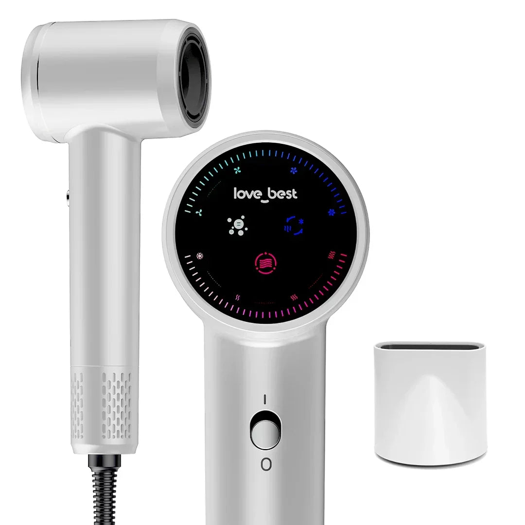 White digital hair dryer with LED display and nozzle attachment, available on HOCC UAE.
