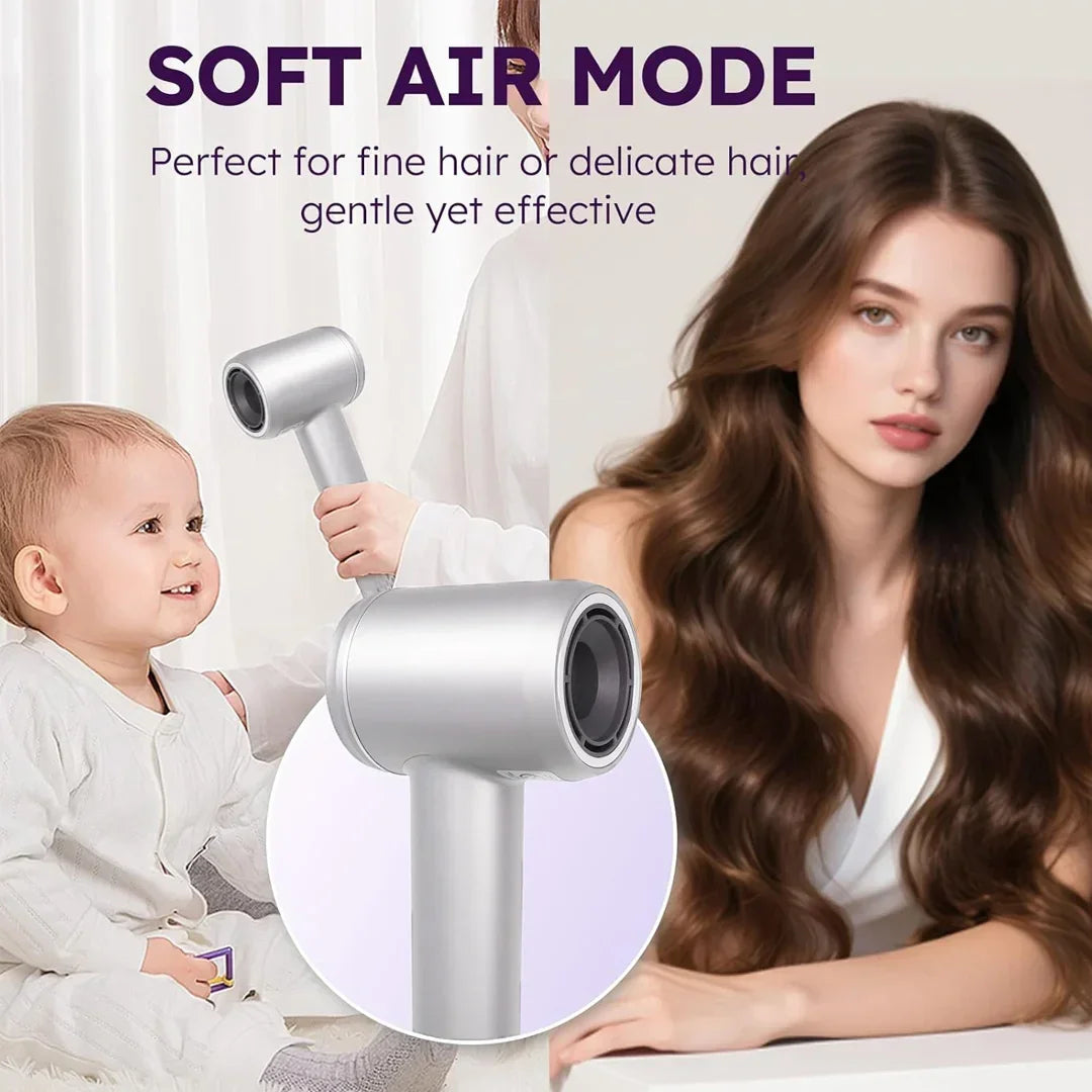 HOCC soft air mode hair dryer, safe for baby and fine hair, shown with woman and child.