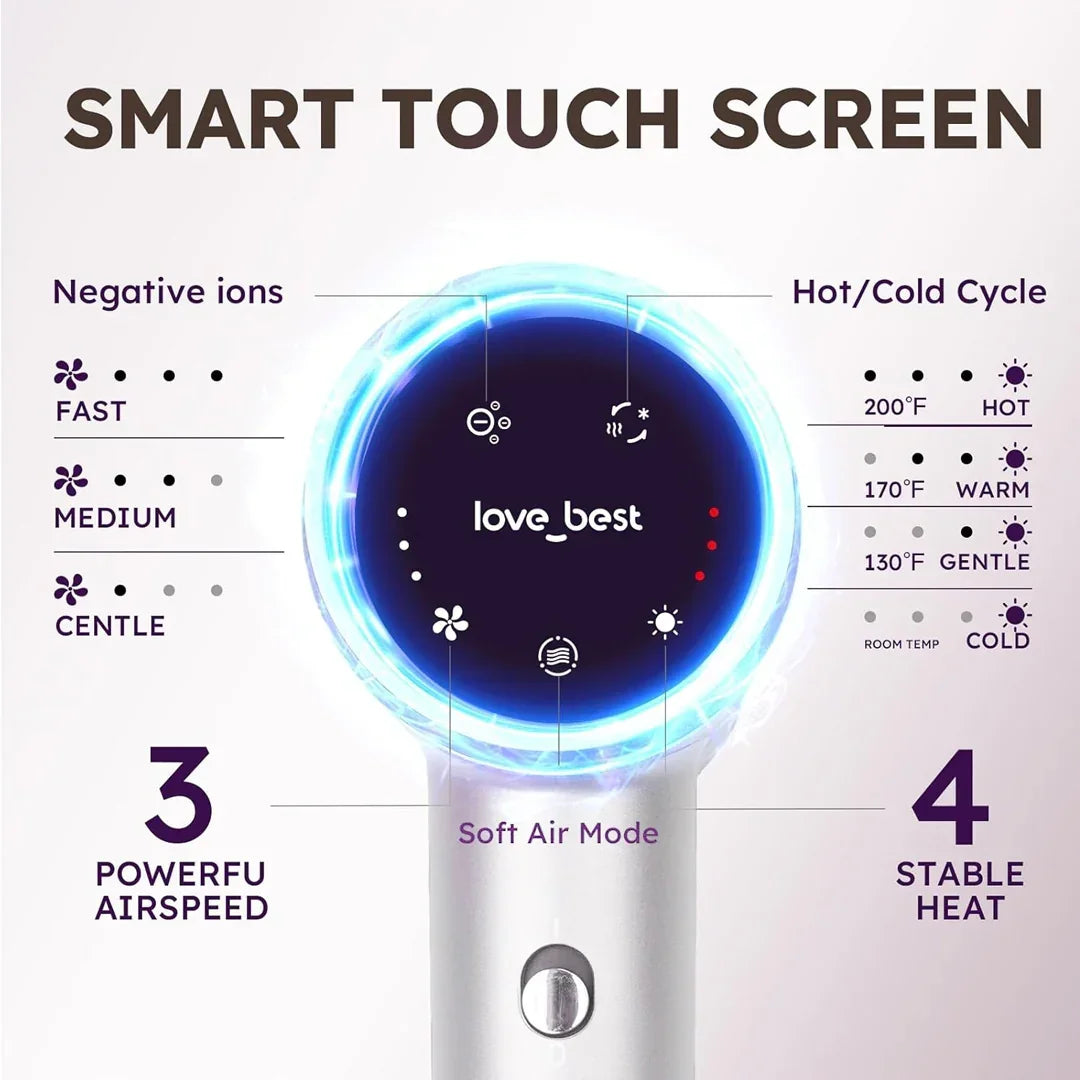 White smart touch screen hair dryer with adjustable heat, airspeed, and negative ions, HOCC UAE