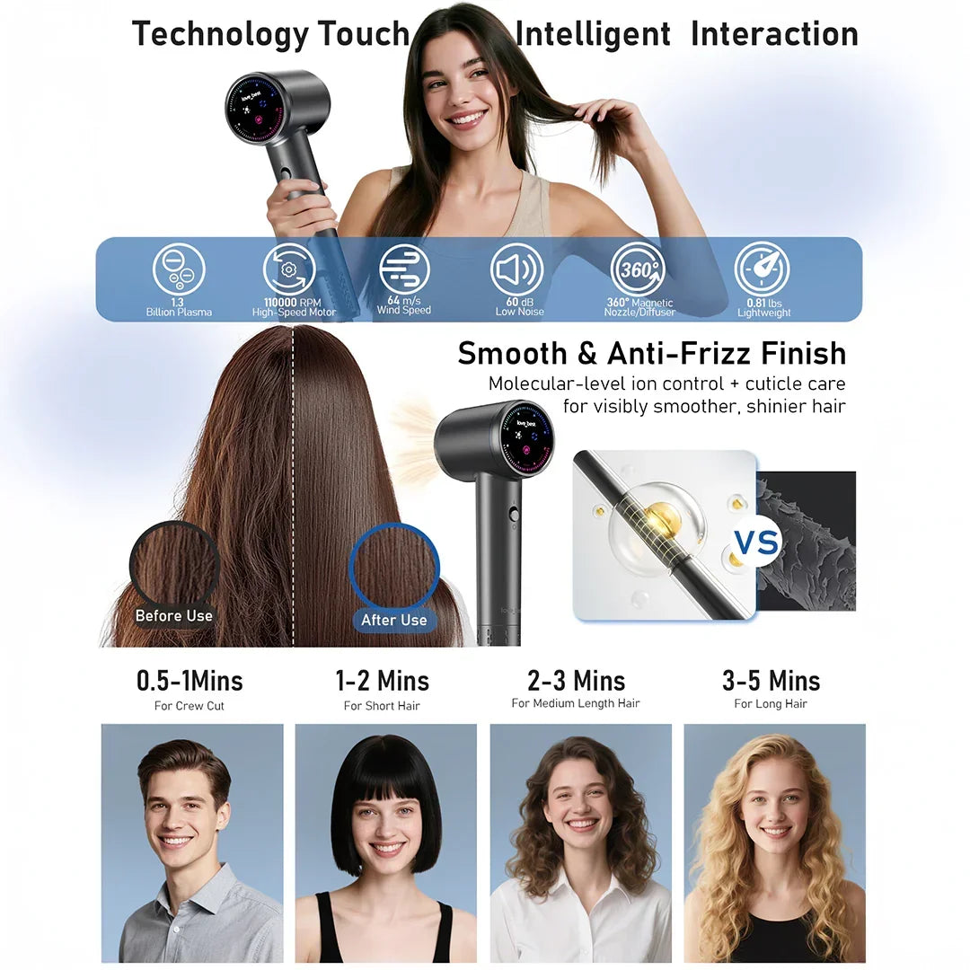 Advanced black hair dryer with touch display from HOCC, shown for smooth, anti-frizz hair styling.