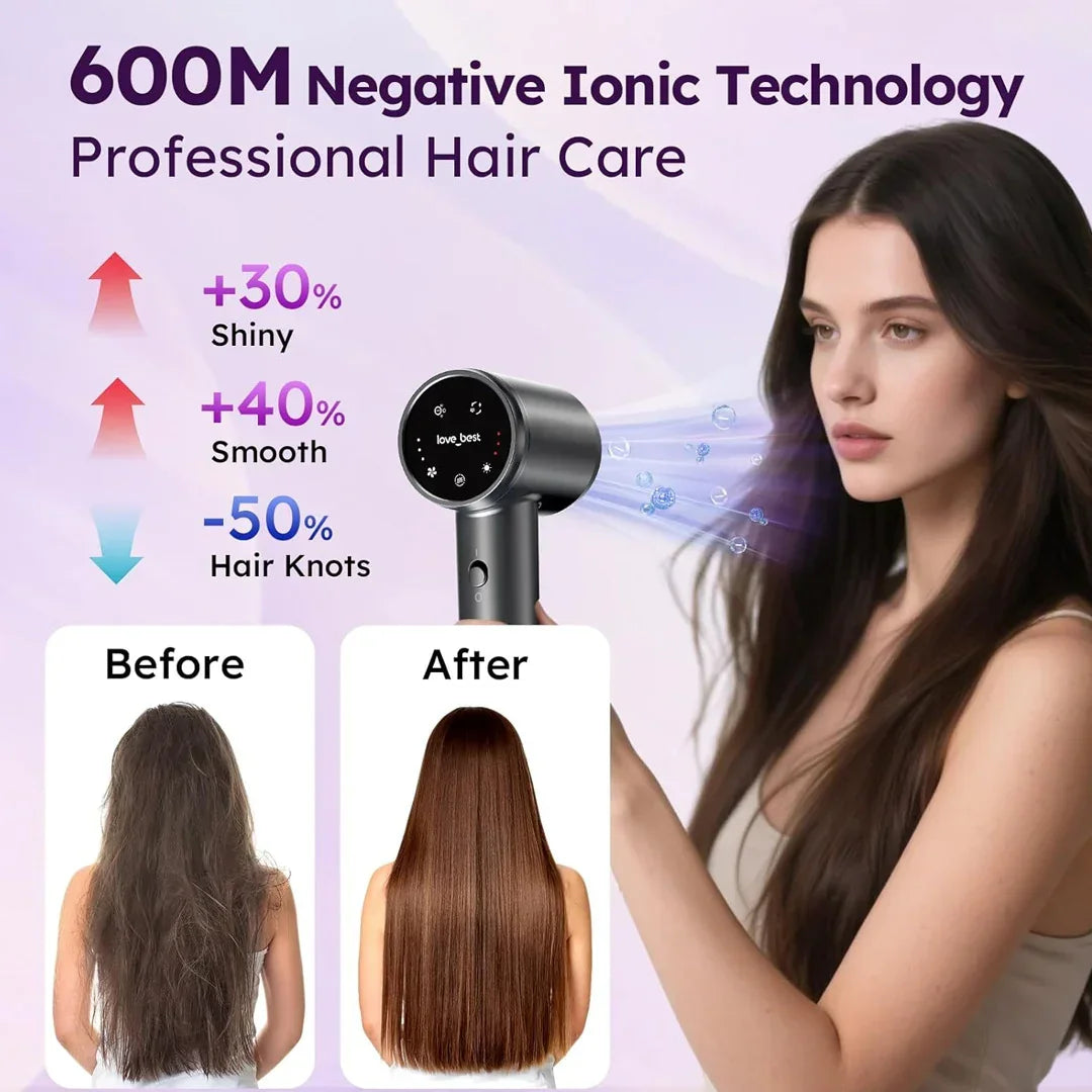 Professional hair dryer with negative ionic technology, before and after smooth hair results, featured on HOCC UAE online store.