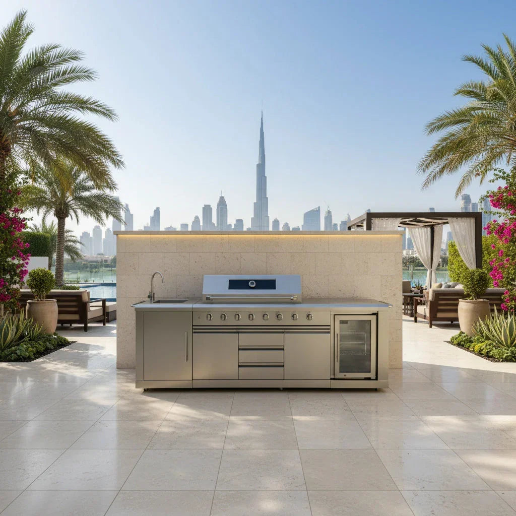 Luxury stainless steel outdoor kitchen with BBQ grill, palm trees, and city skyline view