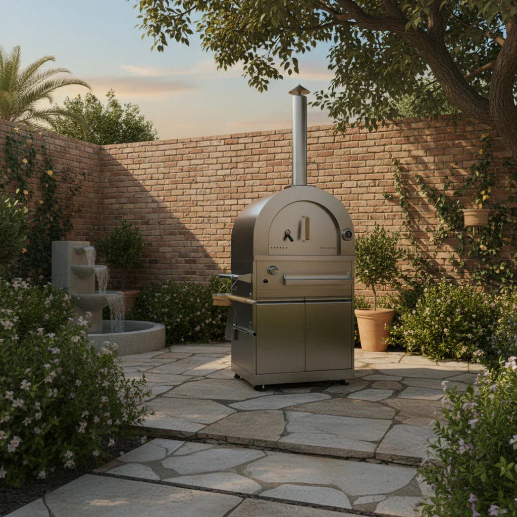 Stainless steel outdoor pizza oven in a stone patio garden with brick wall and fountain