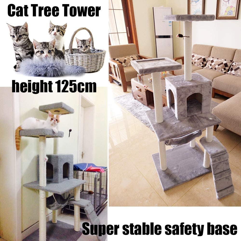 Large Cat Tree Tower House 4.1ft (125cm) Wood Rattan (Grey)