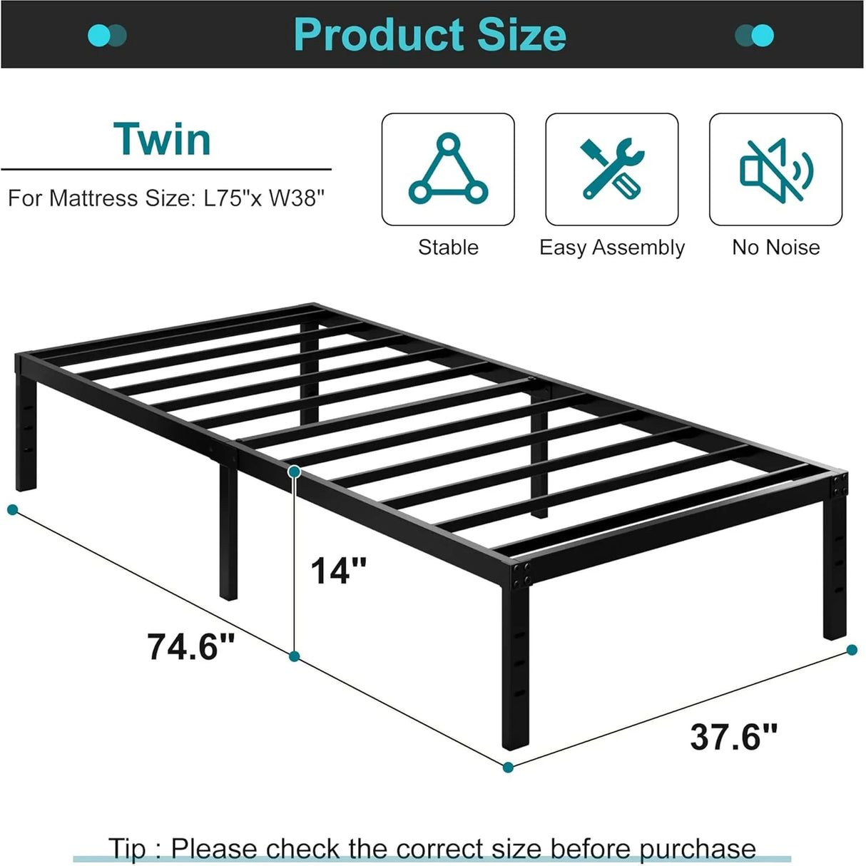 Twin size metal bed frame, black, 74.6x37.6 inches, sturdy and easy assembly, HOCC UAE
