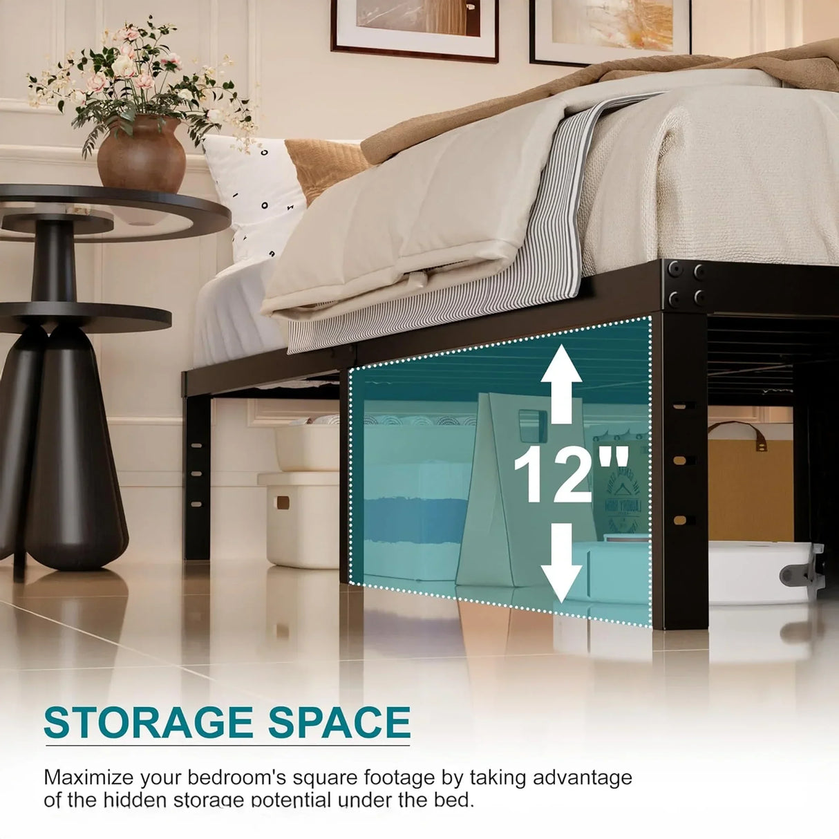 Metal bed frame with 12-inch under bed storage space in modern bedroom, HOCC UAE home decor