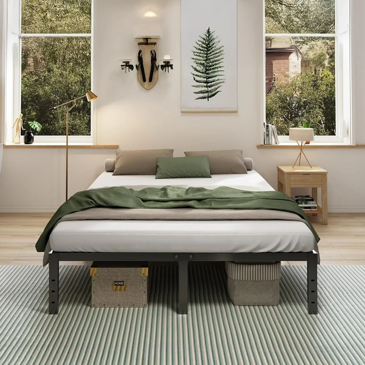 Modern bedroom with minimalist metal bed frame, green bedding, wooden decor, and natural light at HOCC UAE.