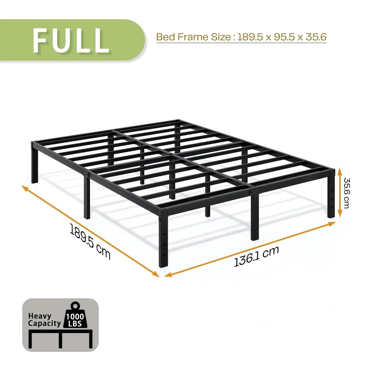 Full size black metal bed frame with slats, heavy capacity 1000 lbs, dimensions shown, HOCC UAE
