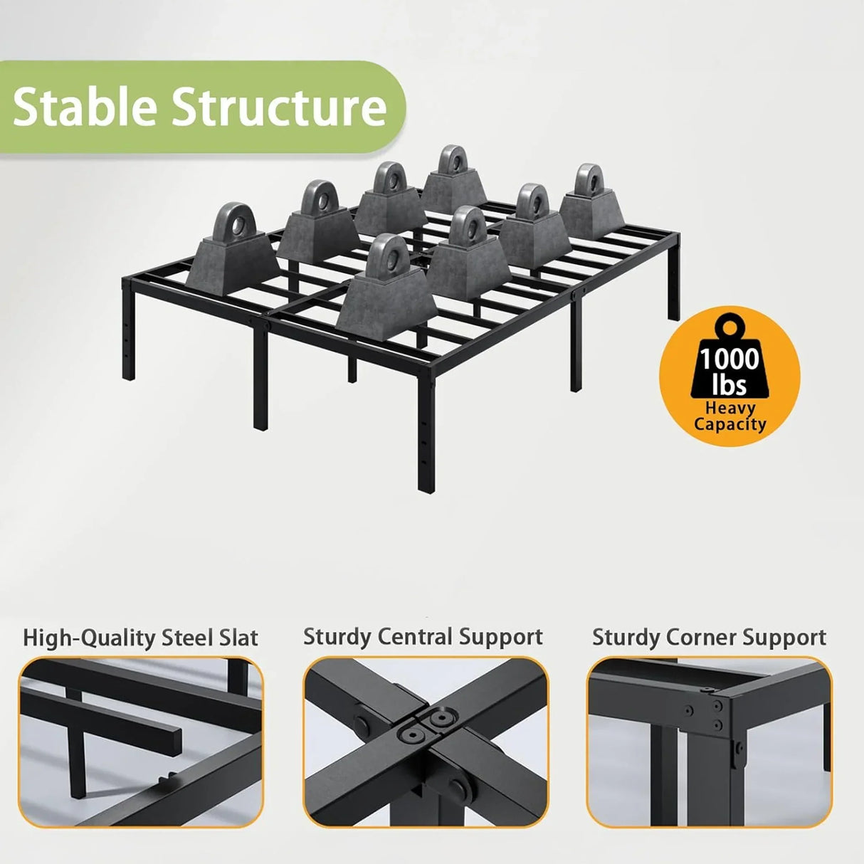 Sturdy metal bed frame on HOCC UAE, supports 1000 lbs with high-quality steel slats and reinforced corners.