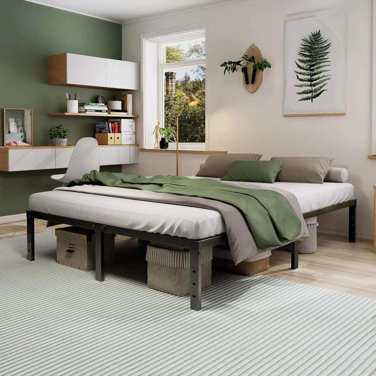Modern bedroom with metal bed frame, green bedding, storage boxes, and home decor accents from HOCC UAE