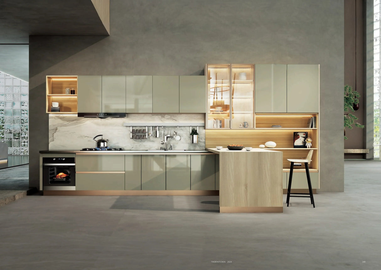 Modern kitchen with beige cabinets, marble backsplash, wood accents, and open shelving