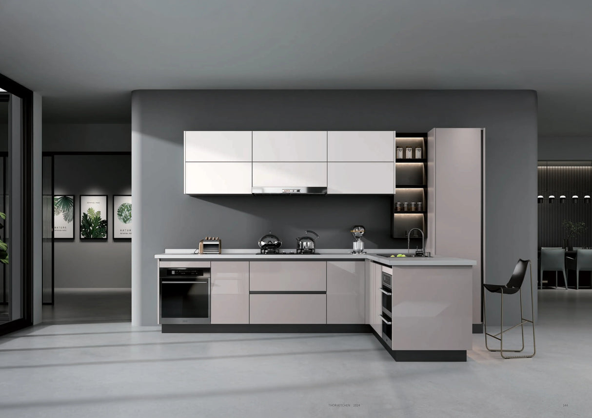 Modern L-shaped kitchen with glossy cabinets, built-in appliances, and open shelving