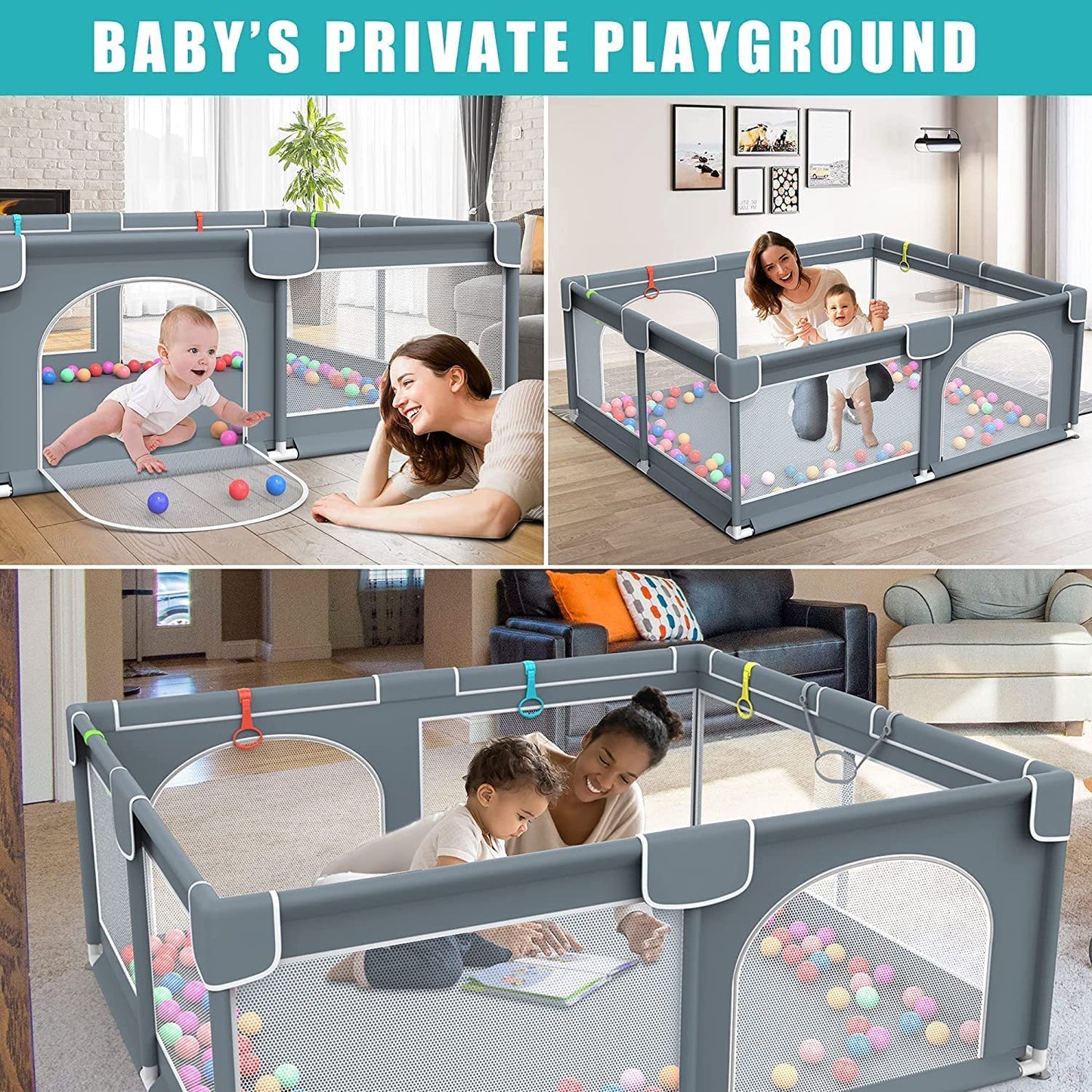 Portable Extra Large Baby Playpen with 50 PCS Ocean Balls - 79 x 63 Inches