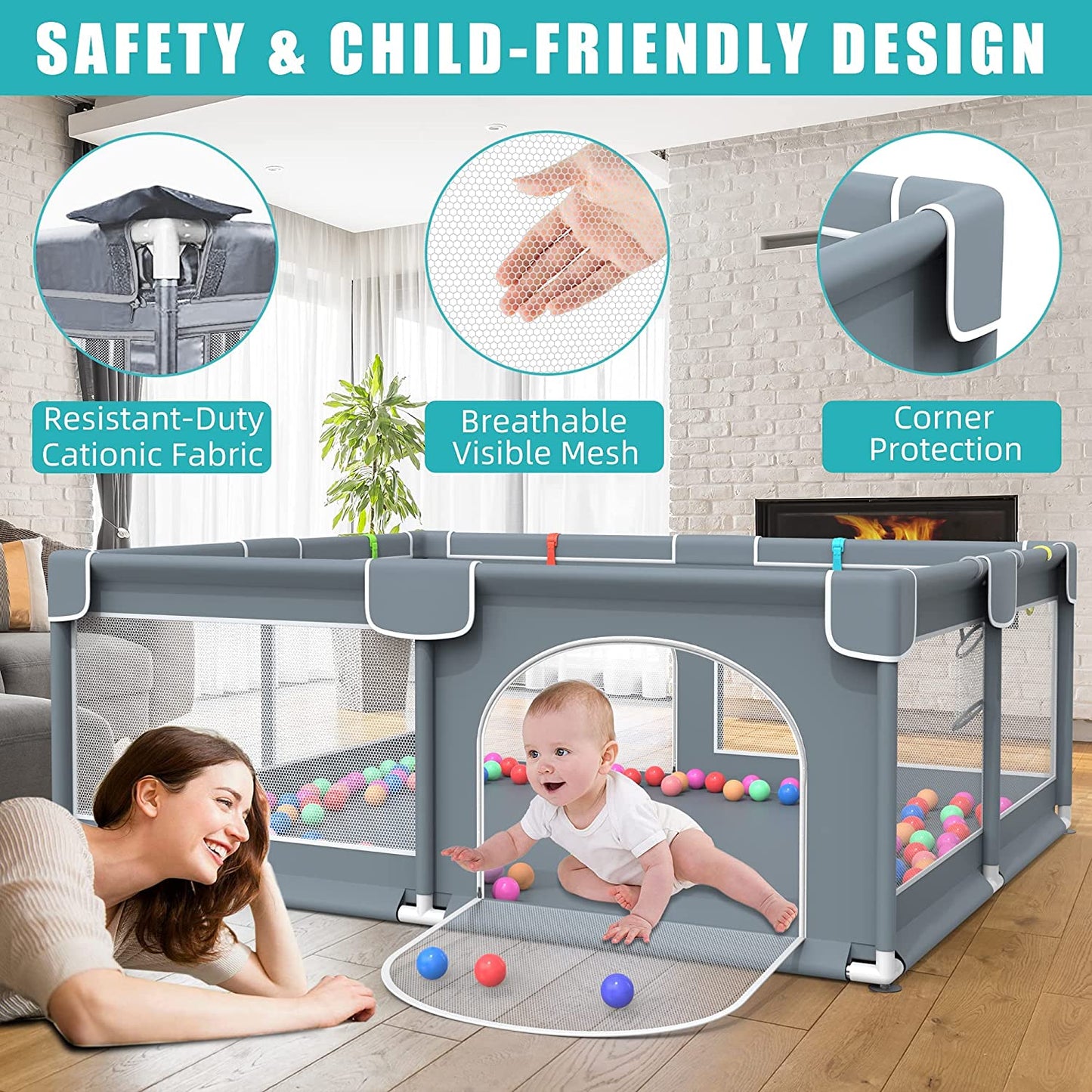 Portable Extra Large Baby Playpen with 50 PCS Ocean Balls - 79 x 63 Inches