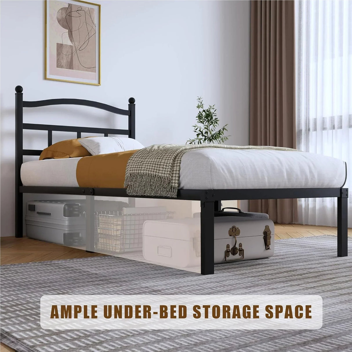 Modern black bed frame with ample under-bed storage in a bright, stylish bedroom, HOCC UAE.