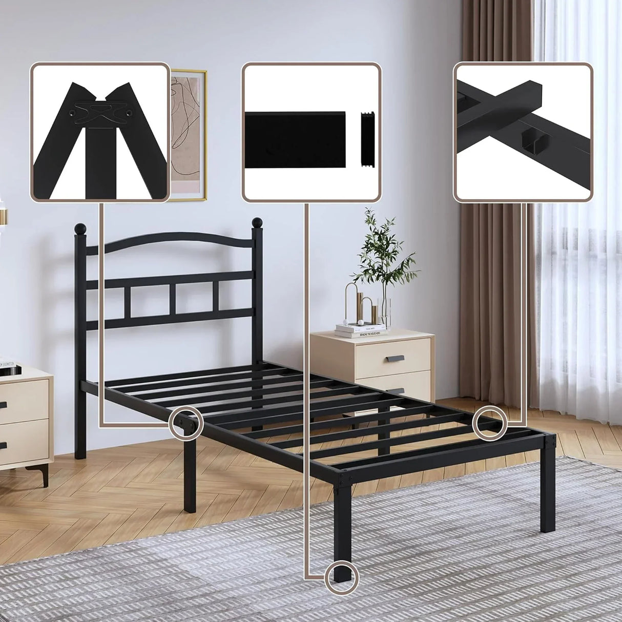 Black metal bed frame with steel slats, sturdy structure details in modern bedroom