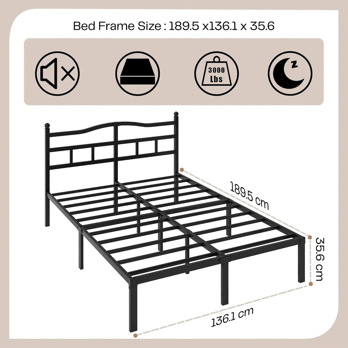 Black metal bed frame with headboard, showing size 189.5 x 136.1 x 35.6 cm, HOCC UAE furniture.