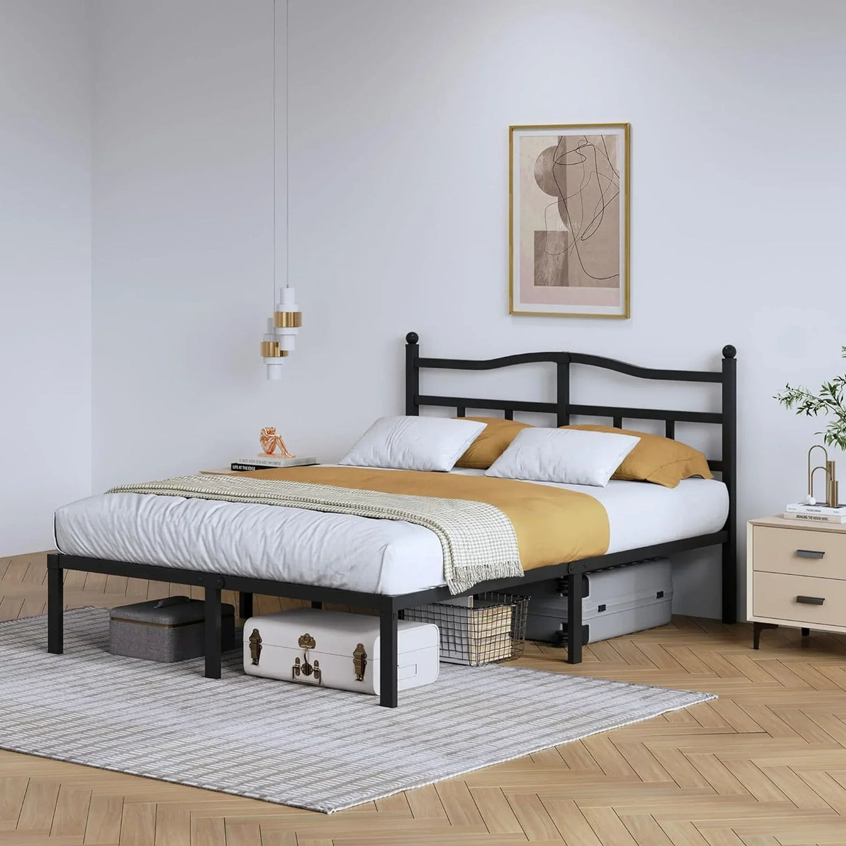 Modern bedroom with black metal bed frame, mustard bedding, nightstand, and pendant lighting