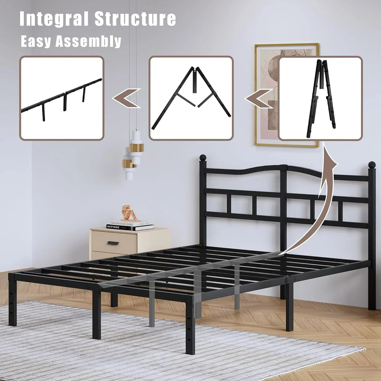 Black metal bed frame with headboard in modern bedroom, easy assembly design, HOCC UAE home decor.