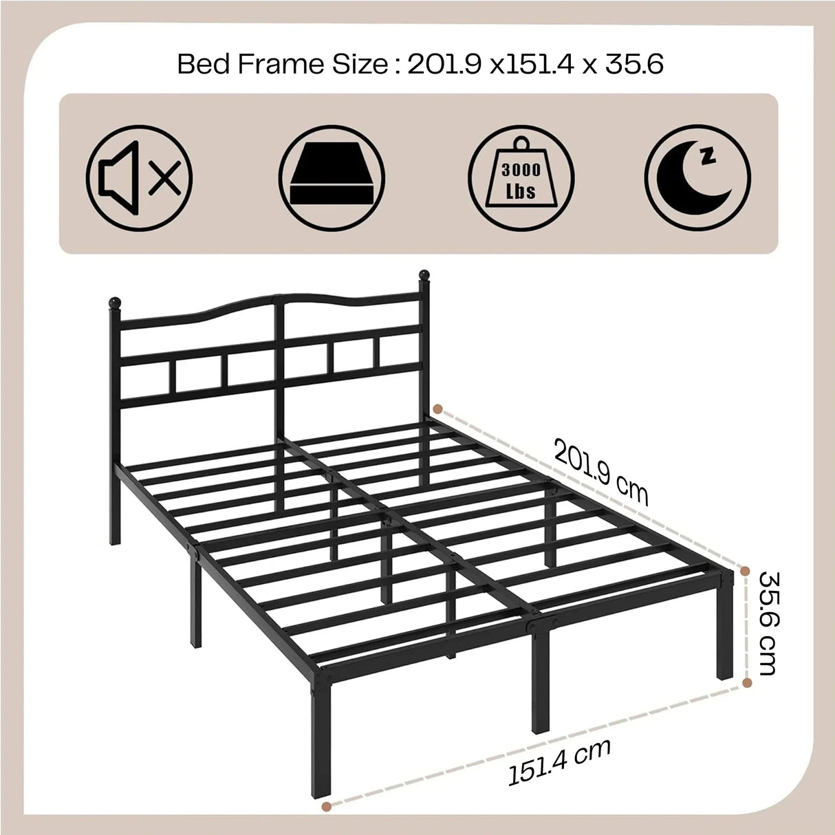 Sturdy black metal bed frame with headboard, size 201.9x151.4x35.6 cm, available on HOCC UAE.