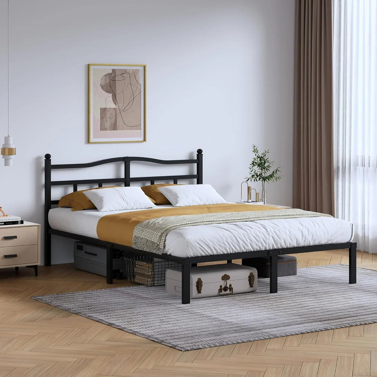 Modern black metal bed frame in a stylish bedroom with decor, available at HOCC UAE