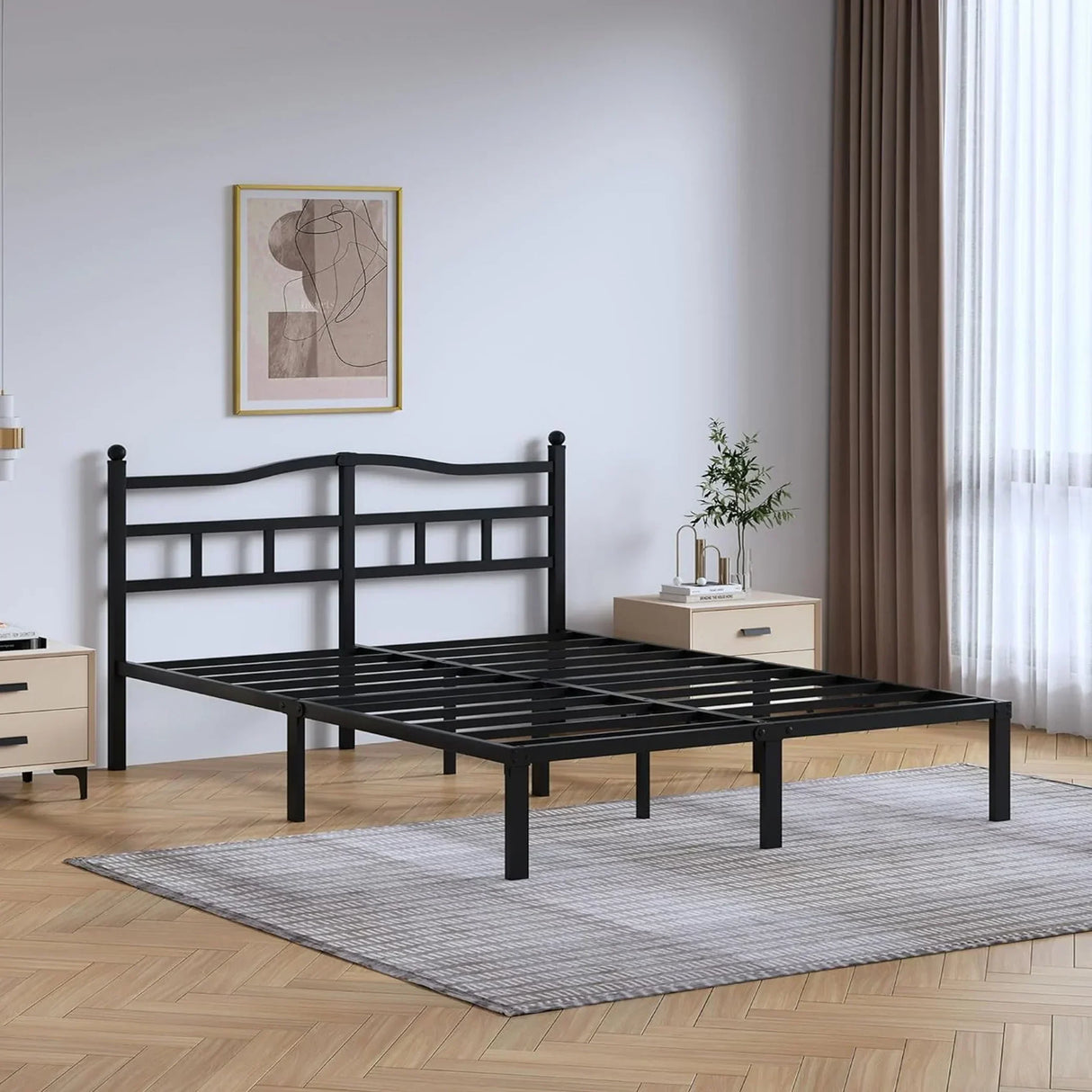 Modern black metal bed frame in minimalist bedroom with light wood furniture, rug, and abstract wall art at HOCC UAE
