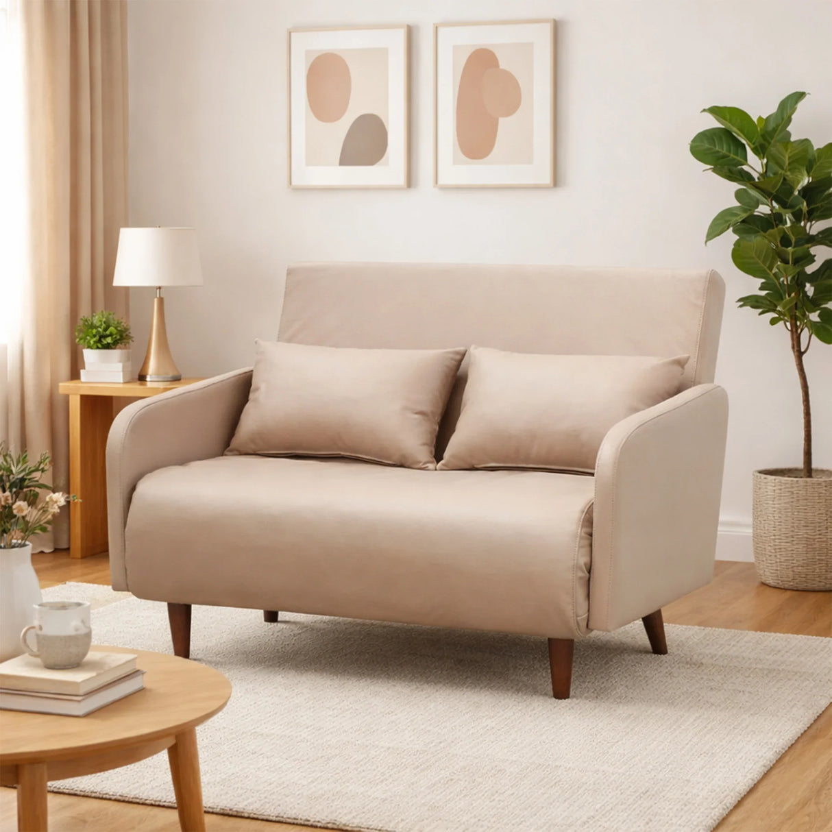 Beige convertible sofa bed with cushions in modern living room, HOCC UAE home decor