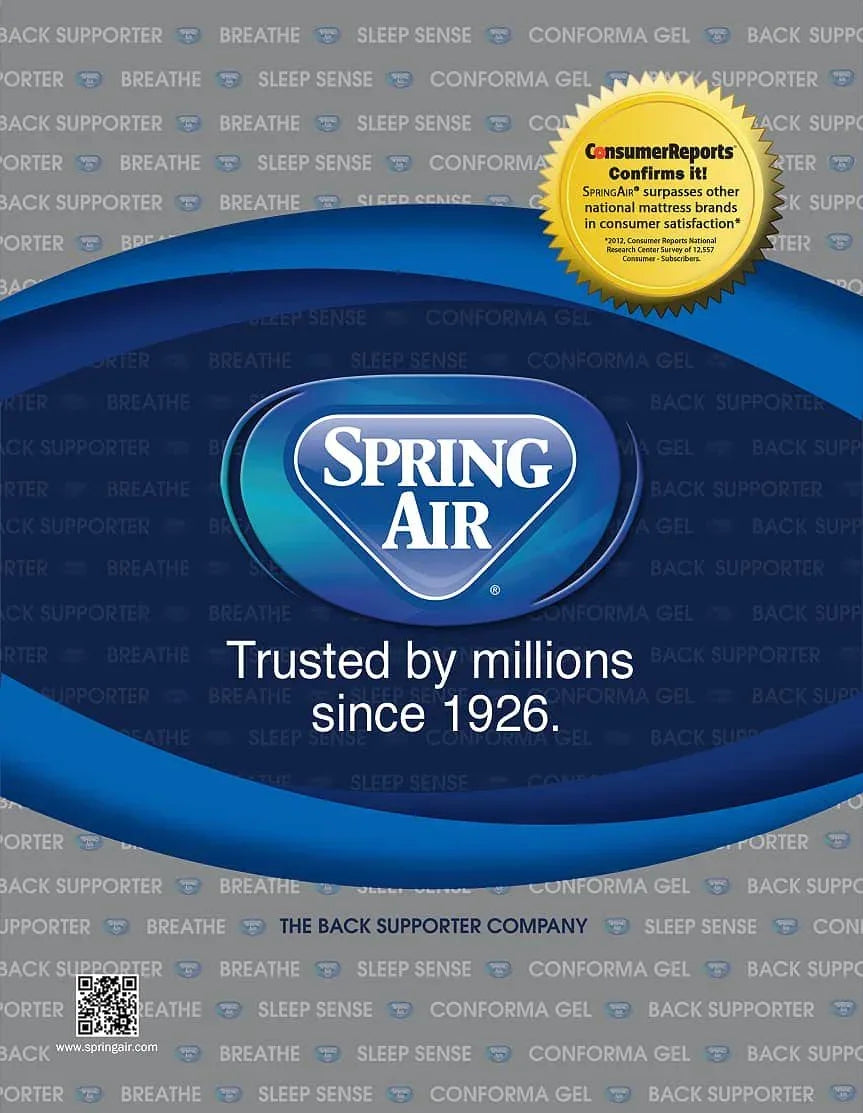 Spring Air mattress advertisement with logo, gold Consumer Reports badge, and Trusted by millions slogan.