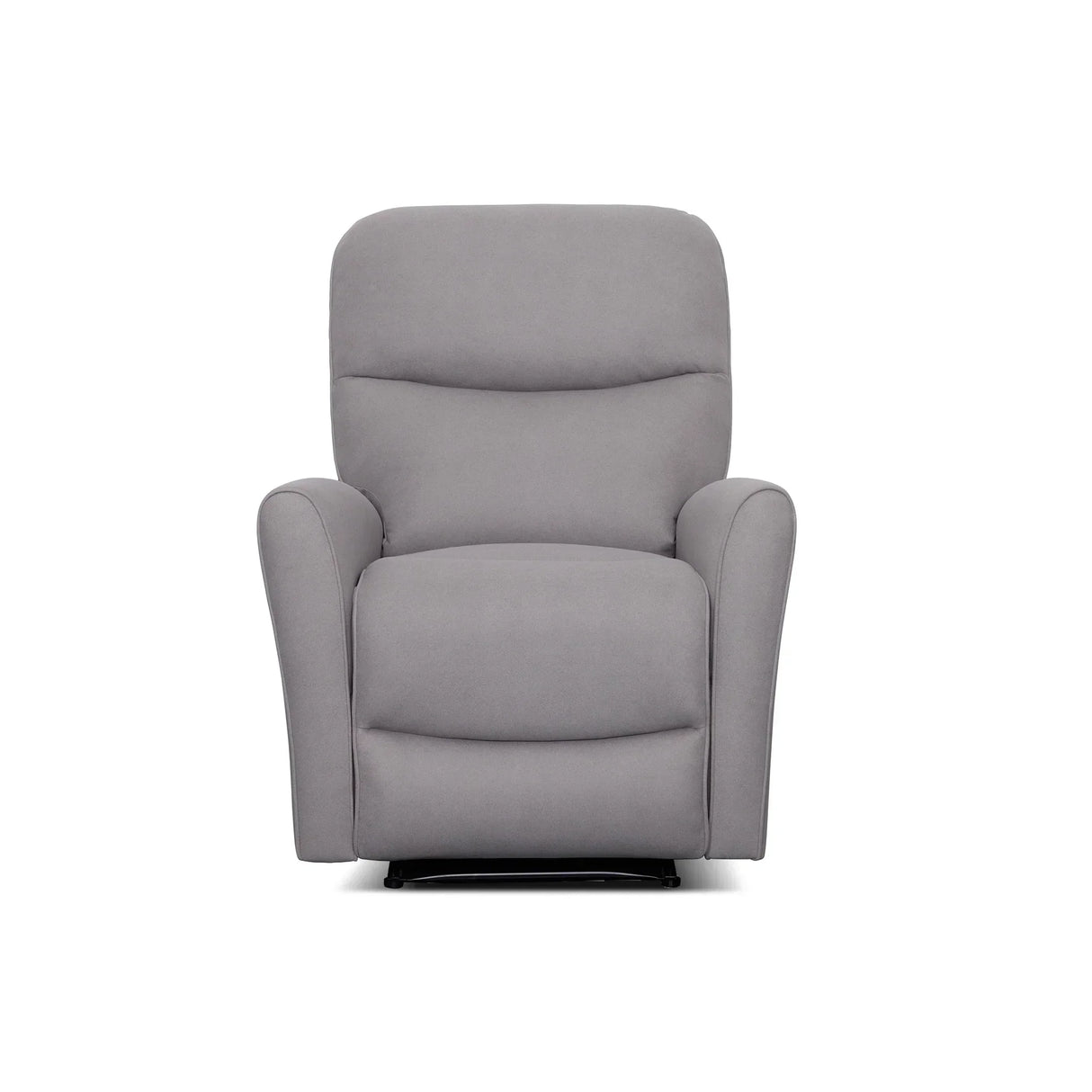 Modern grey fabric recliner chair with plush cushioning, front view on white background