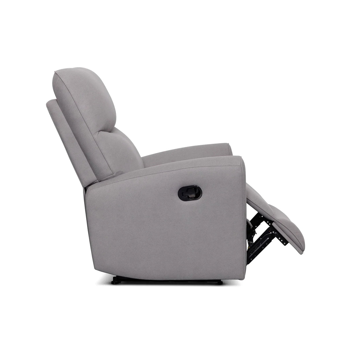 Grey fabric recliner chair side view with extended footrest, modern living room furniture