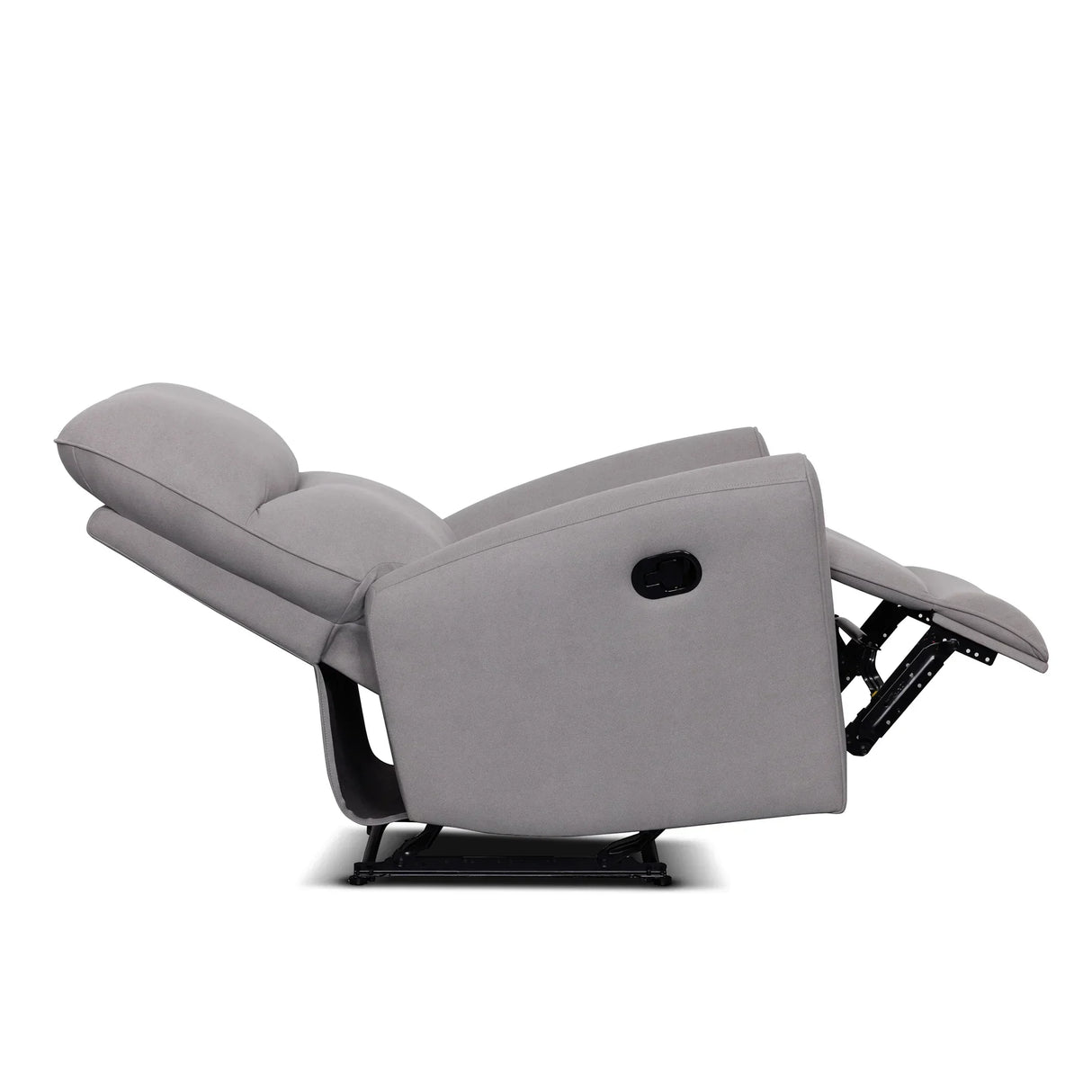 Modern grey recliner chair in reclined position, padded armrests and footrest visible