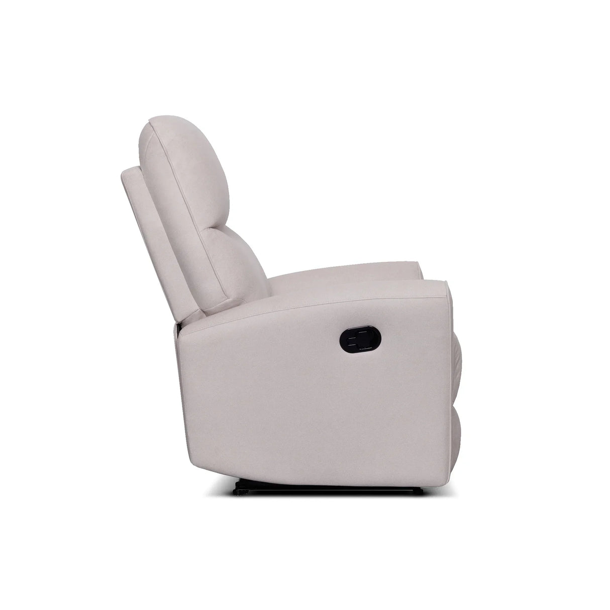 Side view of a beige fabric recliner chair with a visible black recline lever