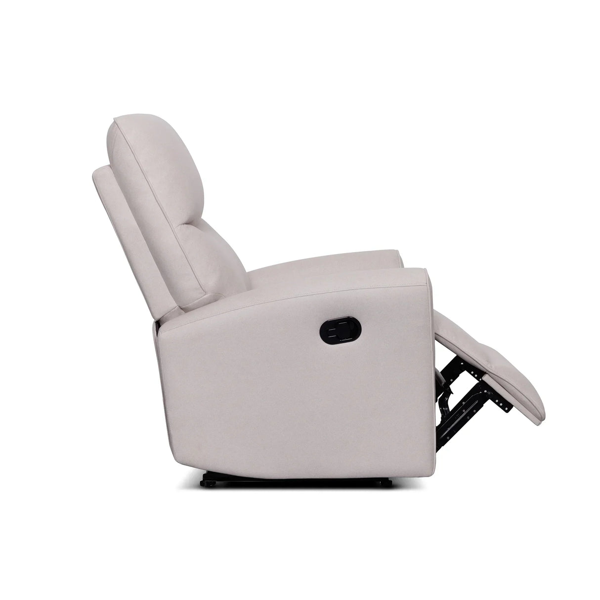 Light beige recliner chair in side profile, extended footrest, modern living room furniture