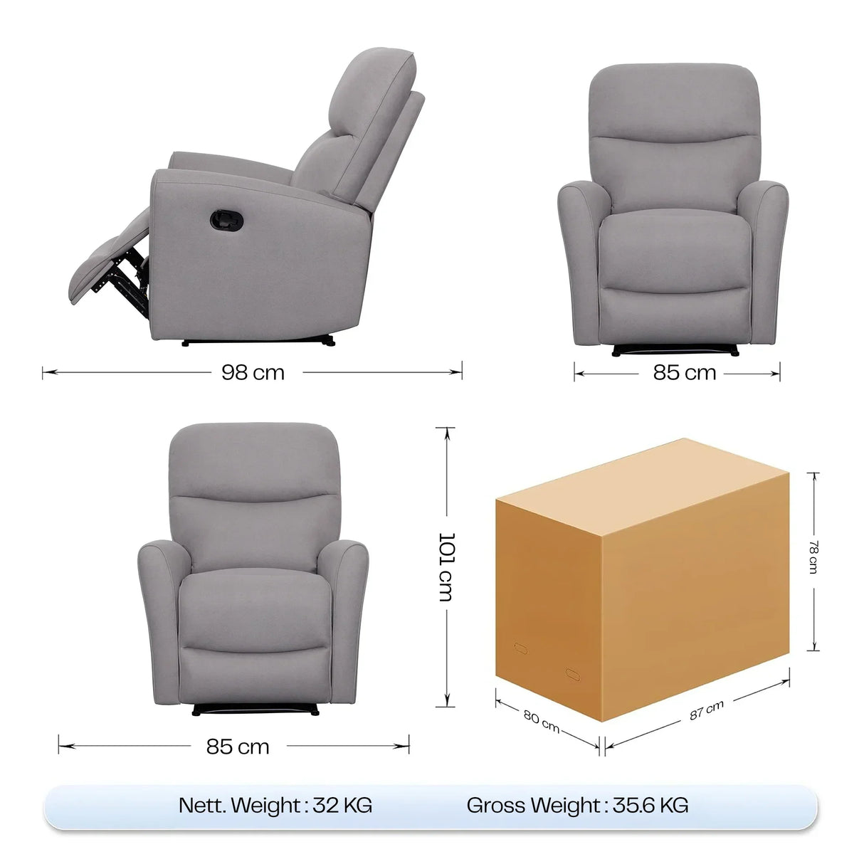 Grey recliner chair with dimensions, packaging size, and weight specifications shown