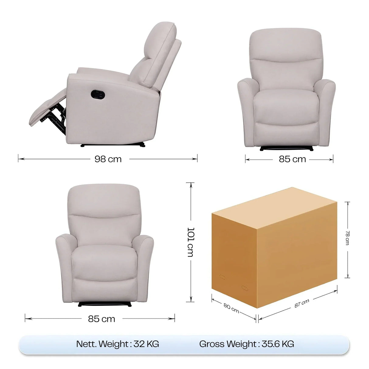 Beige recliner chair with dimensions, packaging box measurements, and weight details displayed.